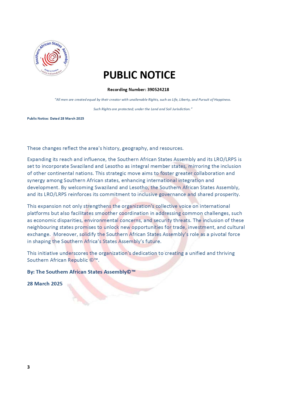 Public Notice Southern African States Assembly ©™ Recording number 390524218 